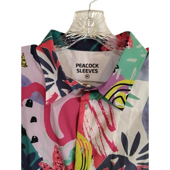 Peacock Sleeves Floral Beach Camp Hawaiian Button Up Shirt Mens Size Medium - Picture 3 of 6